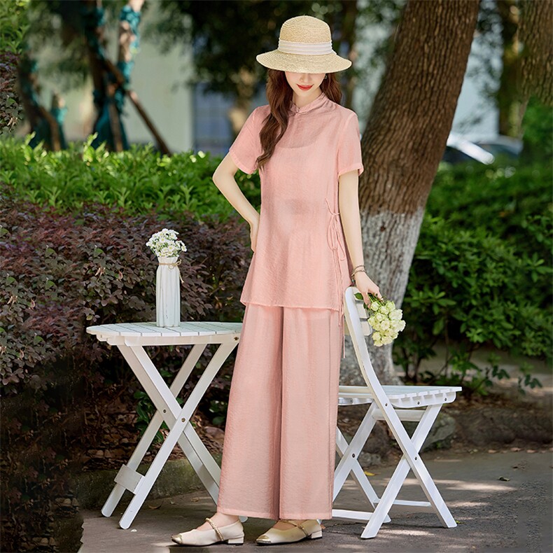 洋气粉色新中式套装女2026夏季薄款立领盘扣上衣显瘦阔腿裤两件套,女装套装/套裙,水衣源