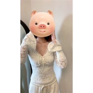 2026新款辣妹纯欲白色蕾丝v领长袖t恤女秋冬季修身内搭打底衫上衣图片
