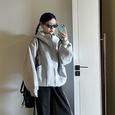 抖音得物高品质秋冬美式高街重磅结构辑明线纹理连帽卫衣外套W111，女装短外套，电商A486-1