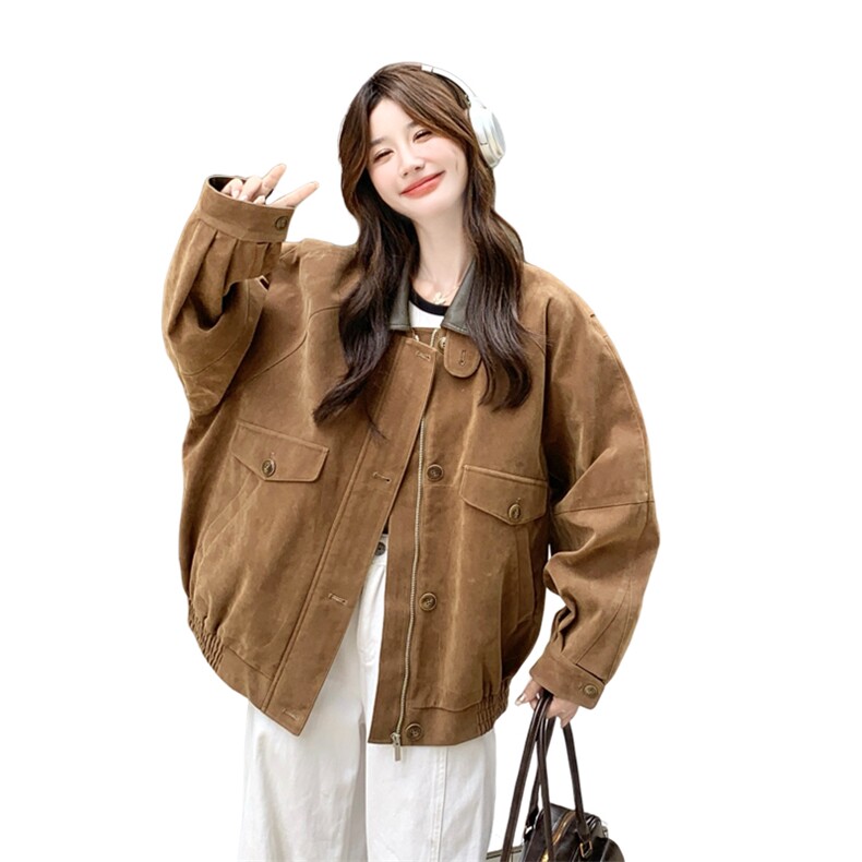 美拉德穿搭棕色工装外套女春秋2025新款超火好看高级小众夹克上衣,女装短外套,2C085