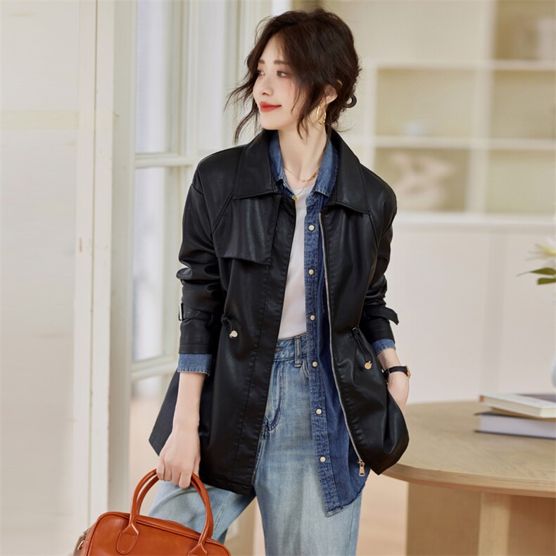 黑色翻领港风真皮皮衣外套女士秋季新款宽松休闲皮夹克机车服上衣，女装皮衣，简古