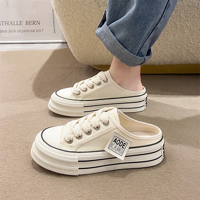 韩版半拖帆布鞋女2024夏季新款百搭学生透气厚底板鞋休闲鞋女，女鞋拖鞋，星座1407-3