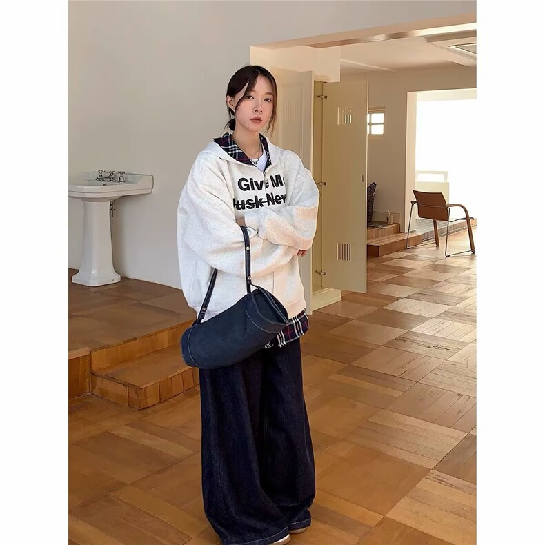 美式复古假两件男女格子拼接连帽卫衣秋季潮牌情侣外套,女装短外套,星座1210-1