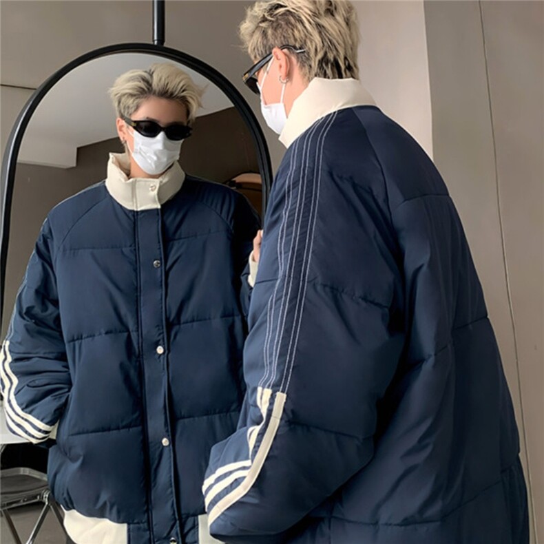 米白色文艺慵懒风棉服男冬季加厚面包服外套美式复古条纹立领棉衣,男装棉衣,星座218-1（原230）