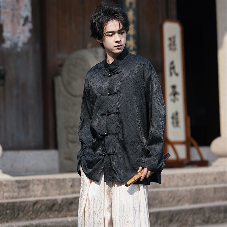 春夏新中式缎面海水江崖提花铜扣盘扣立领长袖男女衬衫30529 P75图片