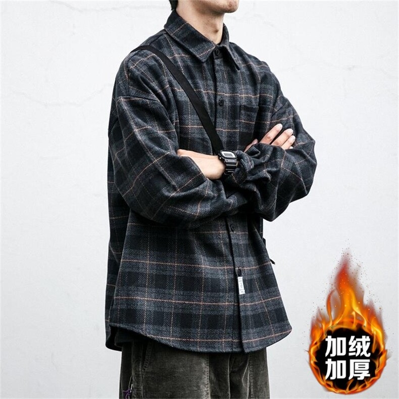 秋冬男女加绒衬衫时尚格子保暖加绒衬衣长袖上衣外套,男装衬衫,星座1013-1