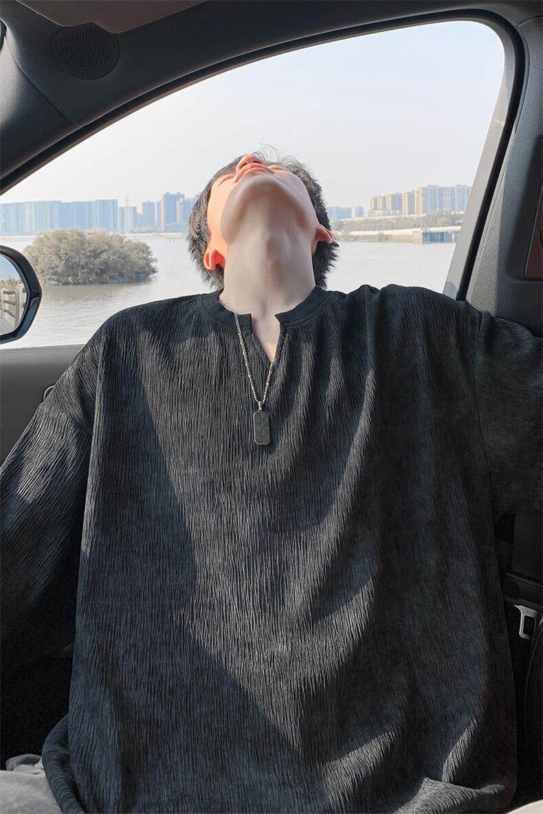 肌理感V领短袖男夏季冰丝凉感薄款青少年设计感T恤宽松五分袖体恤,男装T恤,电商A001