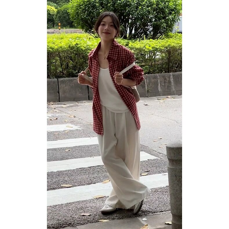 红色格子宽松衬衫女2025夏季翻领排扣外穿慵懒长袖上衣CS359,男装衬衫,星座1116A（原606A-3）