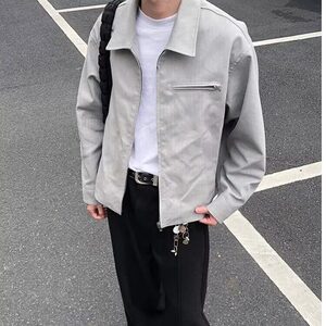 常规款宽松型长袖外穿鱼骨纹水洗做旧短款夹克潮春秋青少年翻领图片
