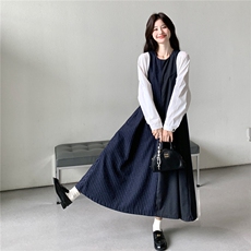 减龄条纹拼接假两件连衣裙女2025春秋季新款韩系宽松显瘦遮肉长裙，女装连衣裙，2C167