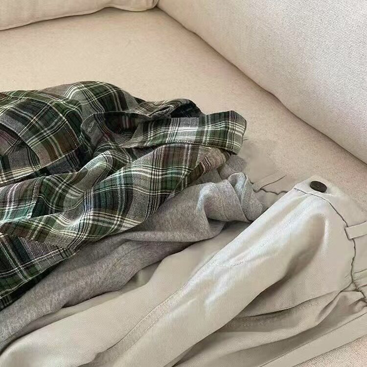 春季新款韩系慵懒风绿色格子衬衣女百搭休闲衬衫宽松显瘦长袖上衣,男装衬衫,星座1210-1