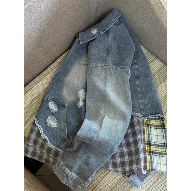 美式潮牌不规则格子拼接牛仔外套男毛边破洞设计ins炸街潮流夹克,男装工装外套,星座506A