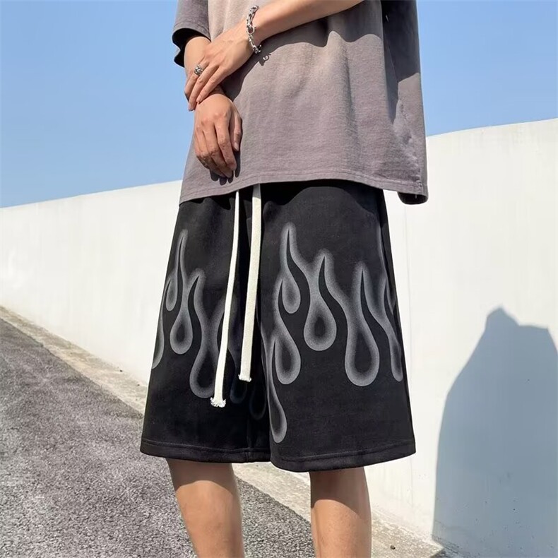 短裤男夏季新款美式高街复古运动裤子麂皮绒火焰潮牌休闲五分卫裤,男装休闲裤,星座506A