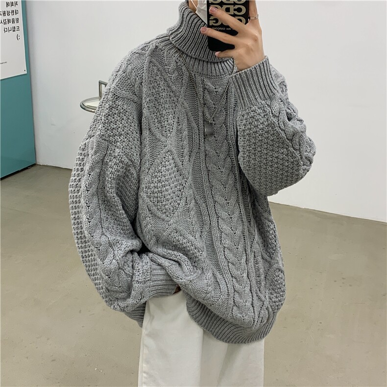 情侣款复古麻花高领毛衣宽松针织衫男女 MY25 P70控88图片