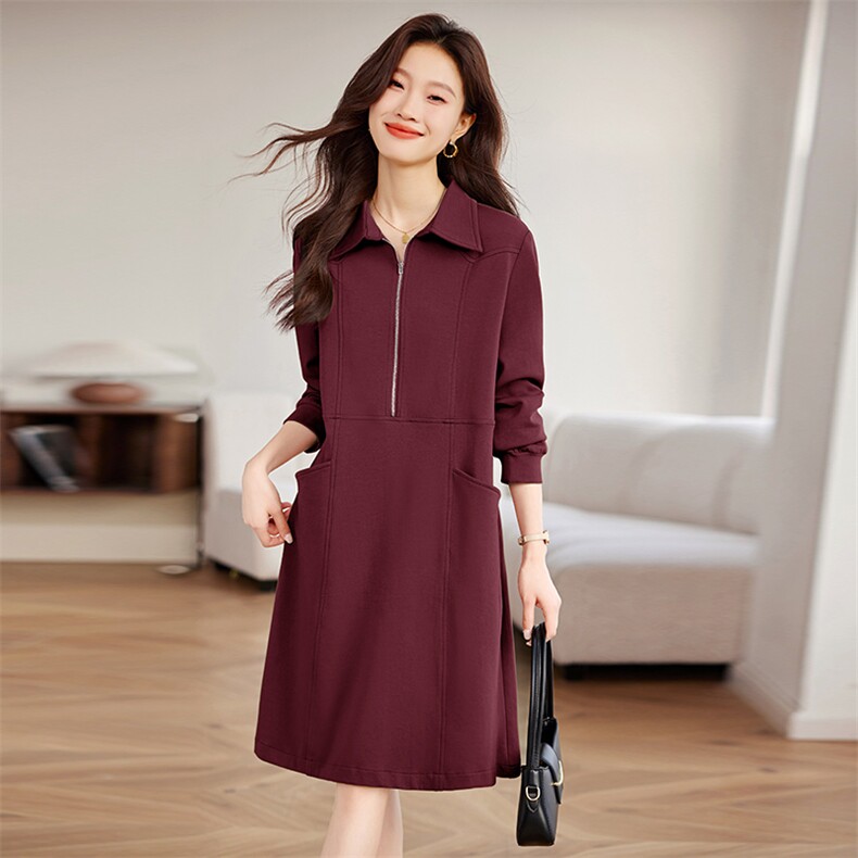 长袖连衣裙女2025年春装新款宽松休闲中年妈妈翻领中长款卫衣裙子，女装连衣裙，希欧阁