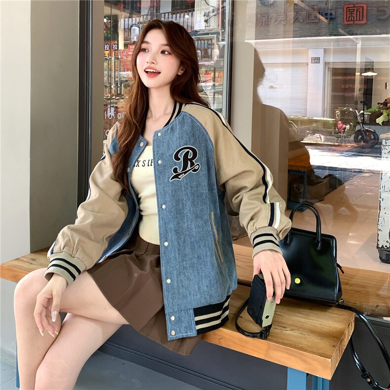 【现货】撞色字母刺绣棒球服牛仔外套82701-P155-K228,女装短外套,2B076