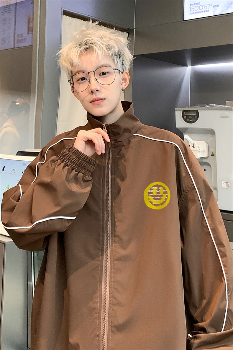 港风夜景24新款春季时尚立领撞色笑脸印花夹克外套F348P65控88,男装夹克,电商A247