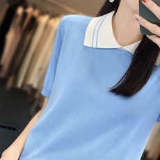 棉麻针织短袖t恤女2025新款Polo翻领休闲高端纯棉薄上衣漂亮小衫，女装针织衫/毛衣，郡淞羊绒