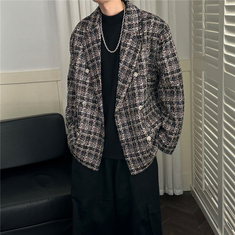 秋冬休闲小香风西装外套男潮格纹呢子西服A351-AX2506-P125,男装西服套装,电商A351