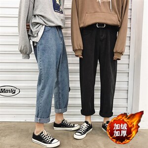 加绒加厚 秋冬宽松港风男士黑色休闲直筒牛仔裤k901-p35加绒P45图片
