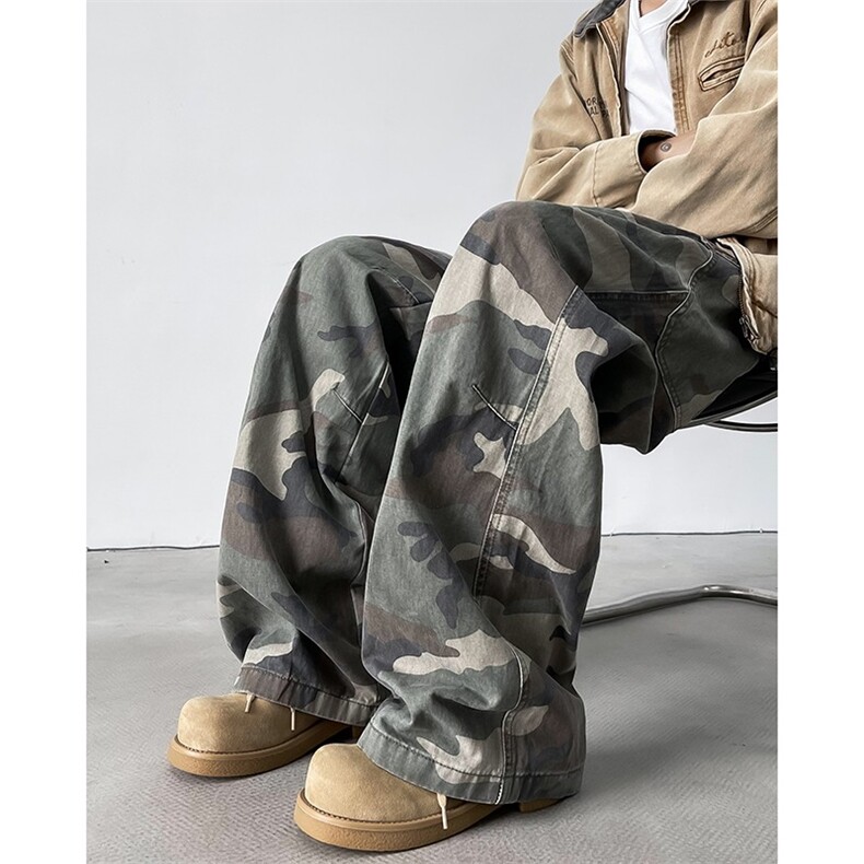 美式迷彩工装裤男修身直筒hiphop裤子男高街vibe微喇叭裤图片