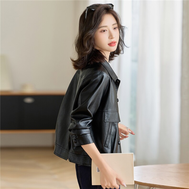 高级感军绿色翻领短款皮衣女2025秋季新款修身百搭时尚皮夹克外套,女装皮衣,魅衣本色