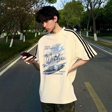 抖音得物品质二开240克宽松纯棉美式潮牌印花三条杠中性风短袖T恤，男装T恤，电商A486