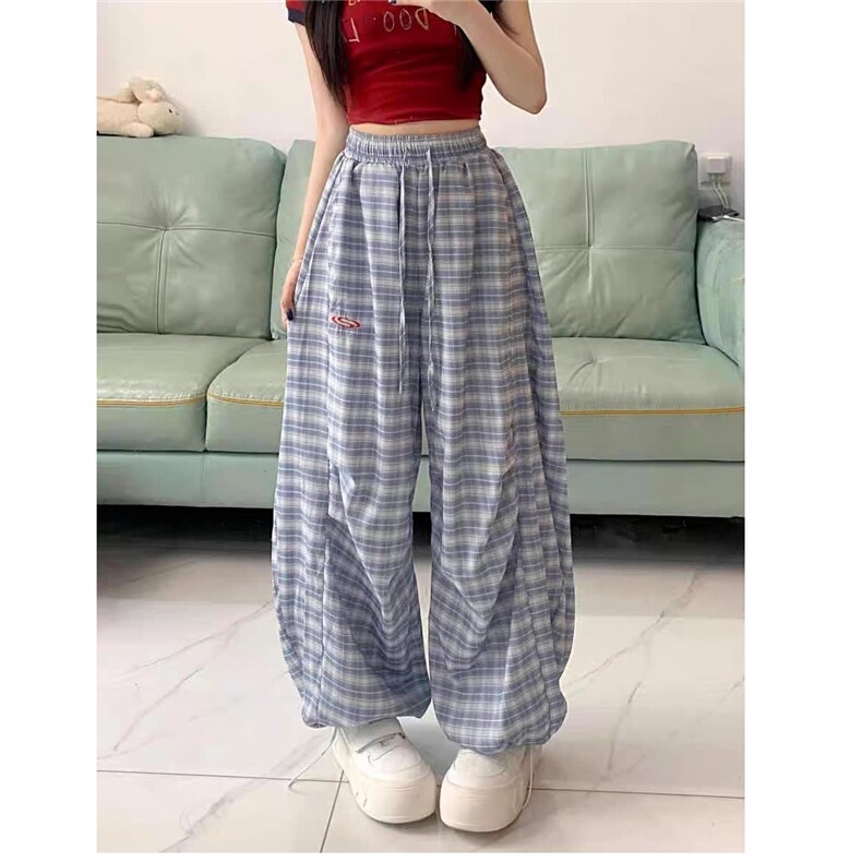 港式复古格子撞色褶皱休闲裤女夏季新款宽松直筒束脚两穿阔腿长裤图片