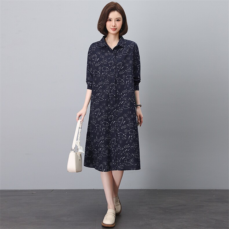 官方旗舰店时尚纯棉连衣裙春秋新款全棉长袖大码宽松衬衫裙子,女装连衣裙,江忆布依