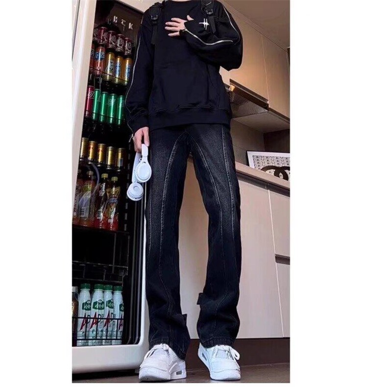 美式高街黑色水洗牛仔裤男女小众显瘦直筒修身工装微喇拖地裤,男装牛仔裤,星座218-1（原230）