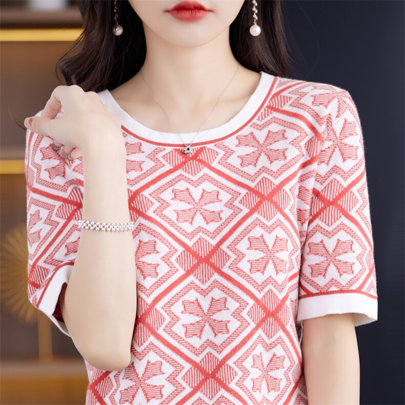 时尚百搭纯棉圆领菱形短袖针织衫甜美显瘦女士毛衣,针织衫/毛衣,桦兴羊绒