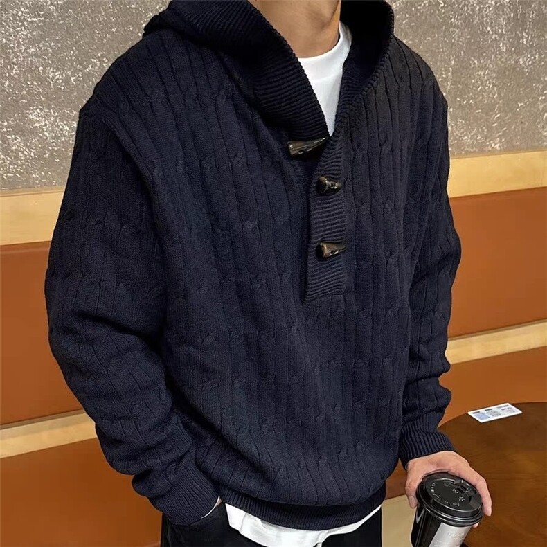牛角扣设计感半开衫毛衣外套秋季穿搭慵懒高级感宽松连帽针织衫,男装针织衫/毛衣,星座506A
