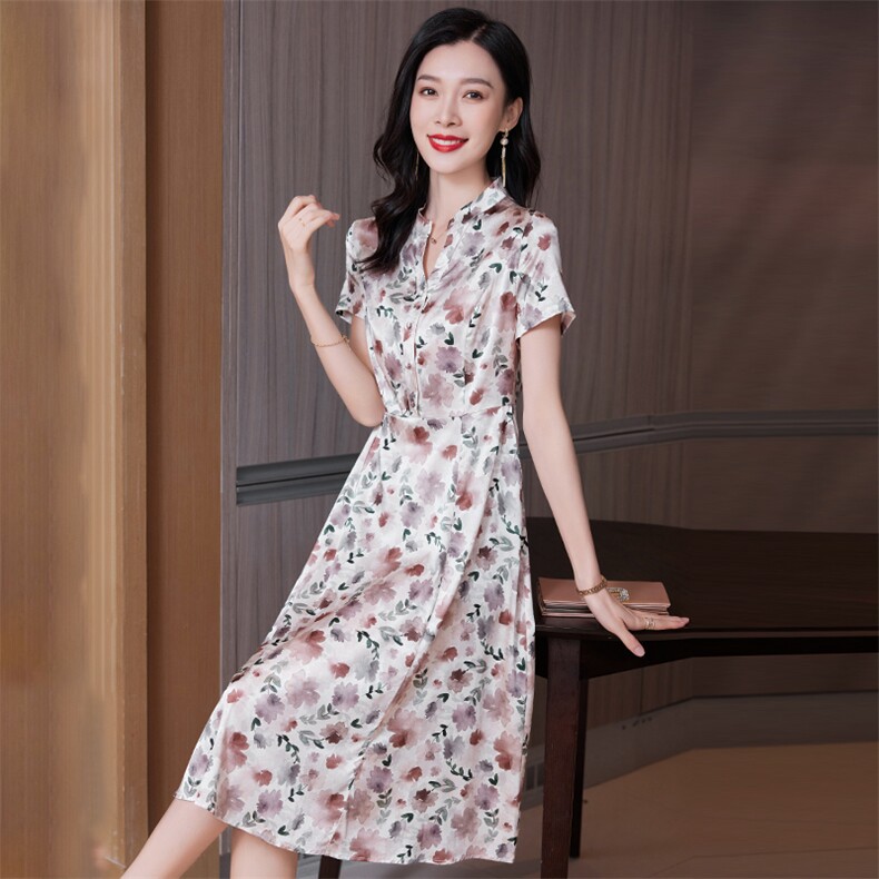 杭州真丝连衣裙女夏2026新款印花高端中年妈妈真丝连衣裙,女装连衣裙,阿舍尔精品