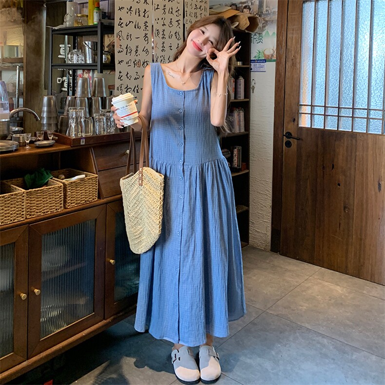 韩系复古蓝色背心裙女夏季2025新款简约休闲时尚单排扣无袖连衣裙,女装连衣裙,2C260