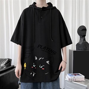 LD54129-P45 连帽短袖t恤男大码胖子带帽五分袖中袖图片