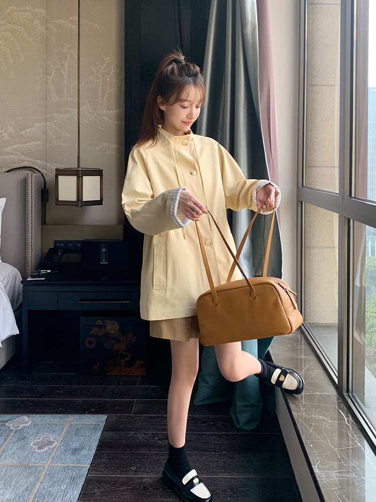 黄色工装风衣外套女春秋2024新款韩系宽松小个子抽绳收腰显瘦夹克,女装风衣,浙宝192（原082）