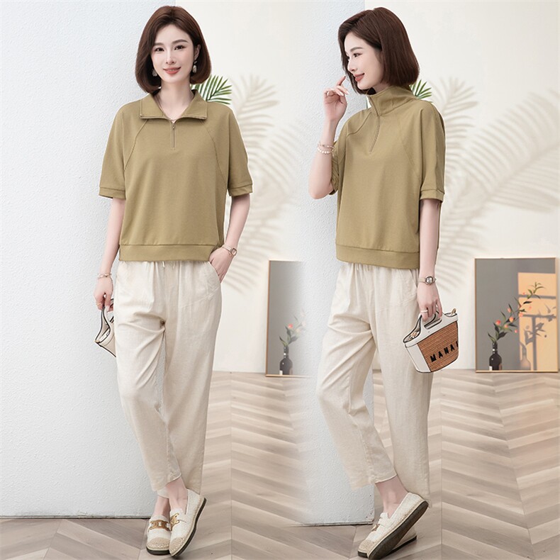 2024夏装新款时尚潮流简约气质休闲短袖上衣+休闲裤套装，女装套装/套裙，阿丹