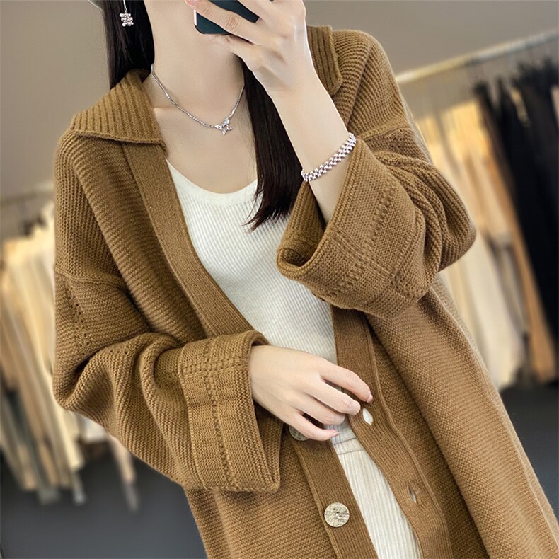 中长款100%纯羊毛开衫女24秋冬翻领加厚宽松毛衣慵懒羊绒针织外套,女装羊毛衫,琳华羊绒
