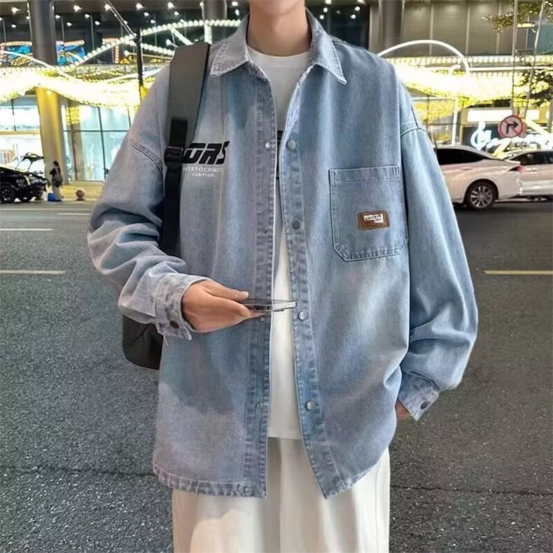 W45-P47 春秋季水洗牛仔衬衫男青少年潮牌长袖夹克图片