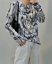 【现货]】秋季新款休闲通勤风针织印花T恤卫衣，女装T恤，那简