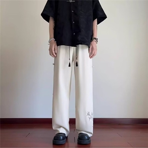 A69-P34 风竹子刺绣冰丝西裤男夏季薄款垂感宽松直筒西装裤图片