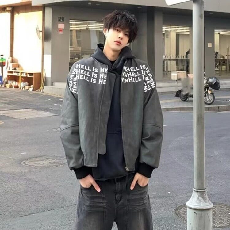 BOYUE帛跃潮扎染棒球服夹克高街字母印花机车皮衣情侣外套男女，男装皮衣，星座1210-1