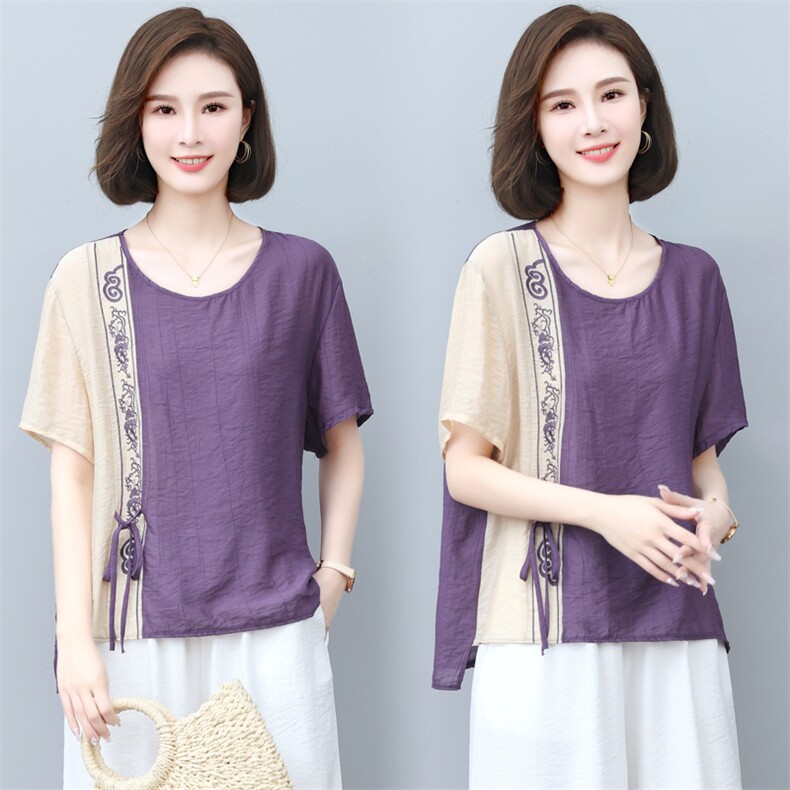 新款2025年夏季天丝刺绣T恤拼接上衣女中老年妈妈装三年不下架，女装T恤，璐依舞