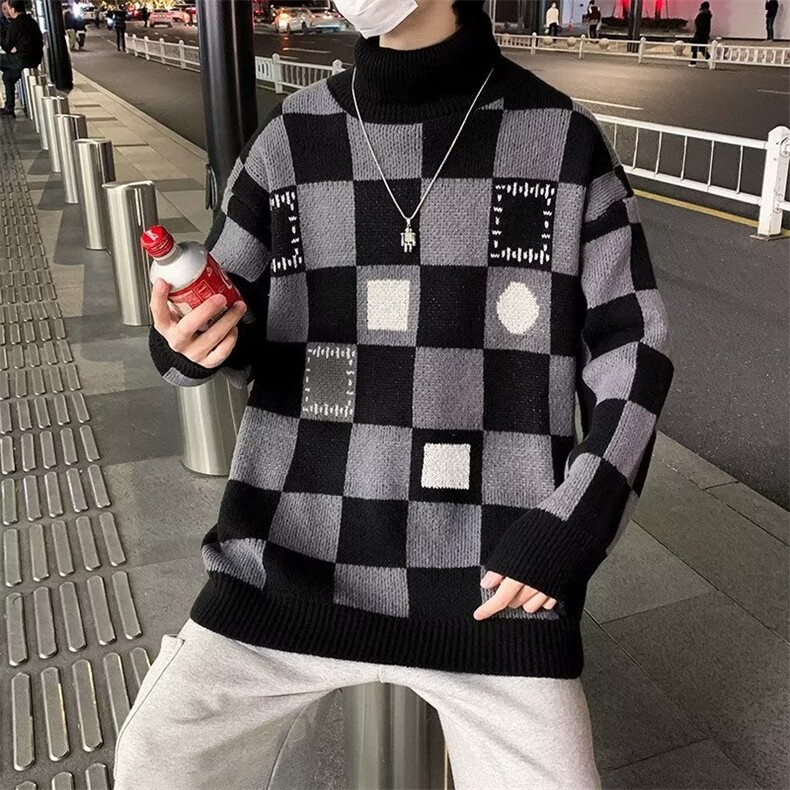 美式复古棋盘格高领毛衣男秋冬季ins潮牌宽松针织衫外套M25-P45,男装针织衫/毛衣,星座1008