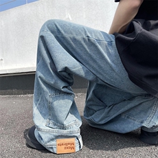 倒装牛仔裤男女美式宽松复古水洗潮牌设计感阔腿长裤N80500-p50，男装牛仔裤，星座1008