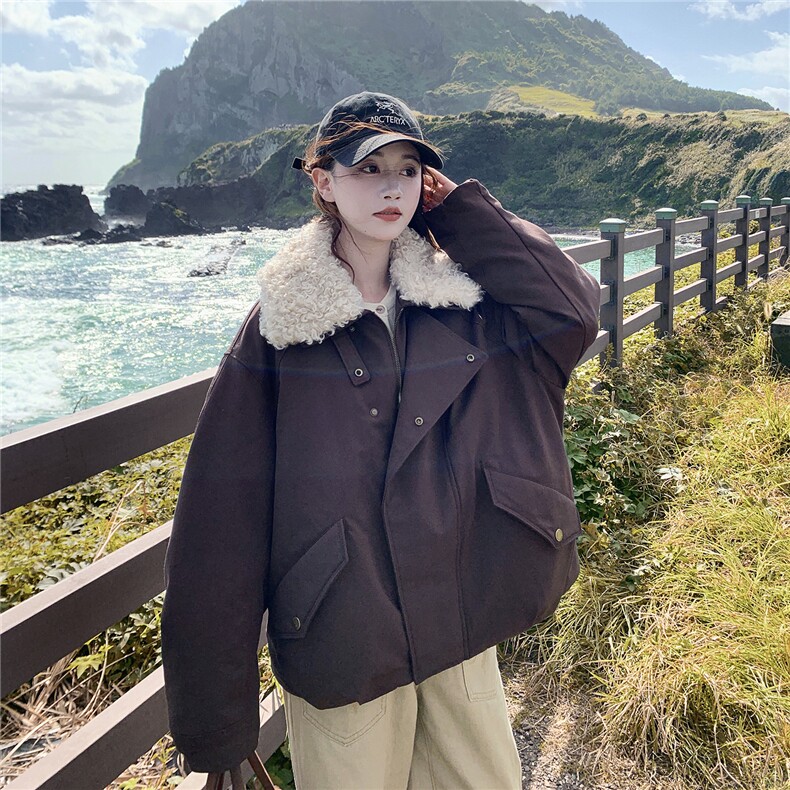 咖色韩系复古翻领羽绒服外套女冬季新款小个子90白鸭绒加厚夹克潮,女装棉衣/棉服,2C326