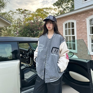 美式高街徽章拼接撞色棒球服外套男女春季潮牌情侣刺绣宽松夹克图片