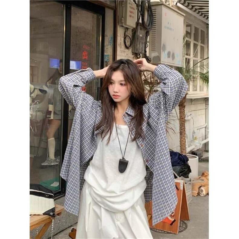 格子衬衫女慵懒风2025春夏韩系宽松休闲衬衣复古长袖防晒上衣外套,男装防晒衣,星座506A