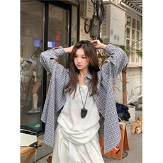 格子衬衫女慵懒风2025春夏韩系宽松休闲衬衣复古长袖防晒上衣外套，男装防晒衣，星座506A