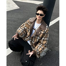 美式秋冬复古双面穿PU皮衣外套男宽松潮牌格子拼接夹克W6503-P85，男装夹克，星座412-3